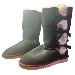 Koolaburra UGG Black Suede Tall Boots w/ Bows & Fur Lining Women Size 6 Wide